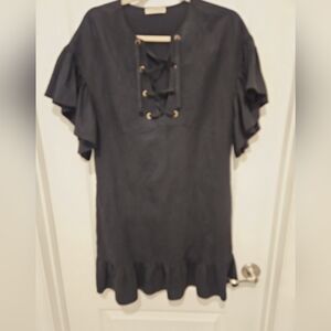 Ulla Johnson Black Lace-Up Ruffle Hem Dress Size 0 Linen Blend